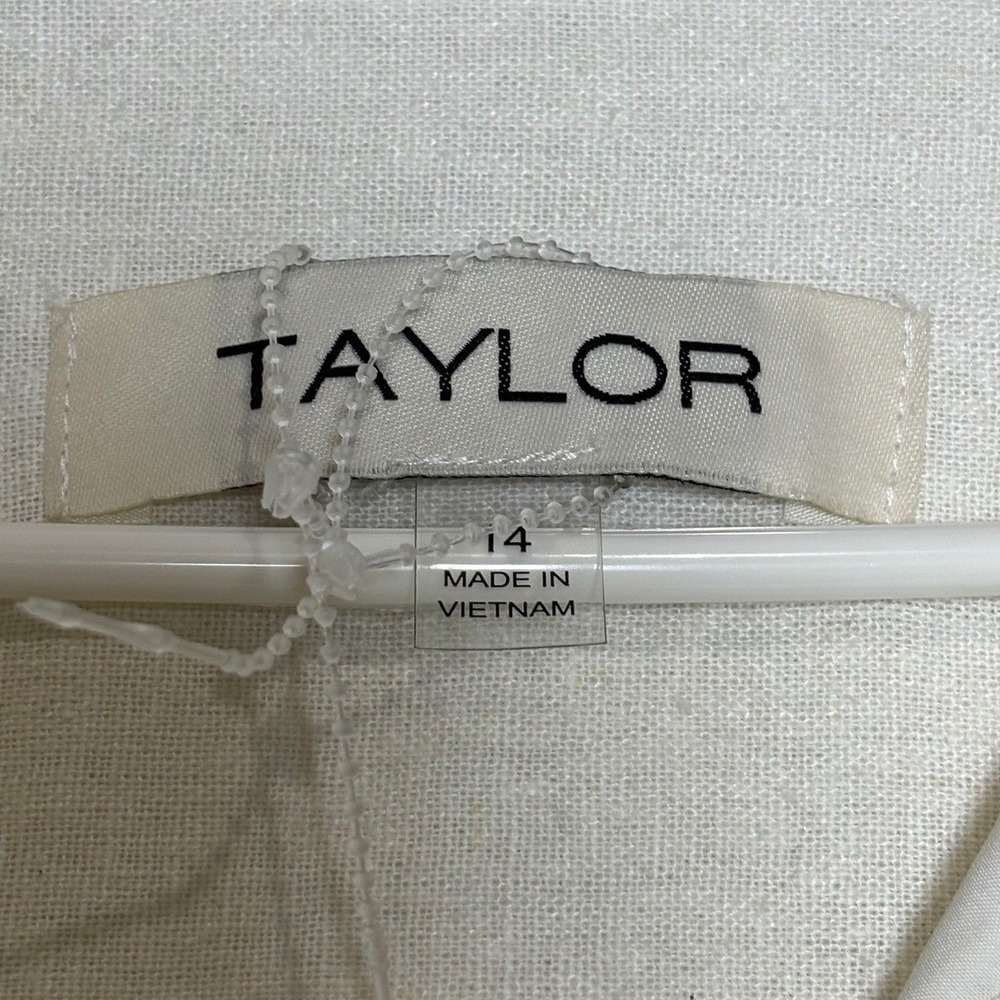 TAYLOR Off White Linen Blend Tiered Babydoll Mini Dress Ladder Lace Cream Sz 14 - Picture 8 of 15